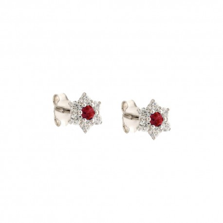 Boucles d'oreilles en or blanc 18 Kt 750/1000 avec fleur centrale de zircons blancs et pierres rouges