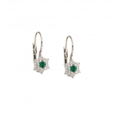 White gold 18k 750/1000 with white cubic zirconia and green stones flowers woman earrings