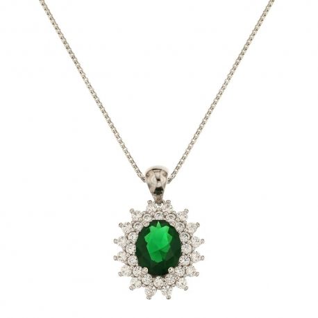 Collana in oro bianco 18 Kt 750/1000 con pietra verde e bianche