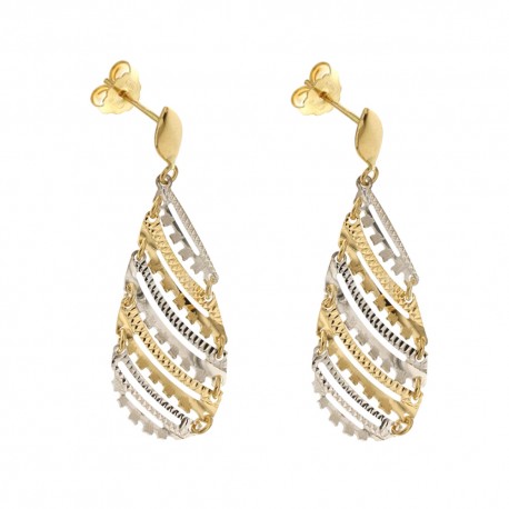 Gold 18k 750/1000 drops shaped shiny and hammered woman dangling earrings
