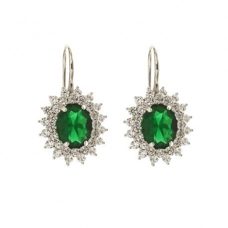 Boucles d'oreilles en or blanc 18 Kt 750/1000 avec pierres vertes et blanches