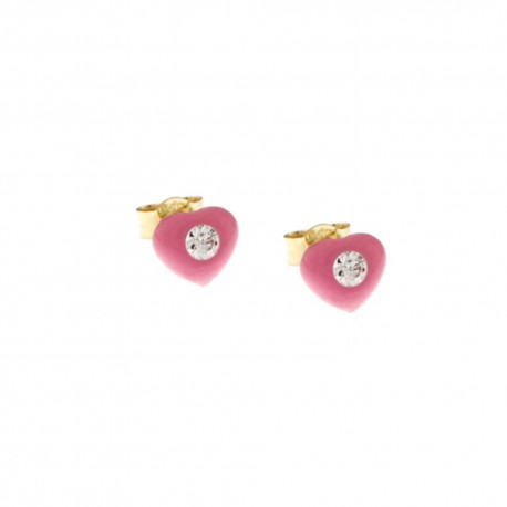 Boucles d'oreilles en or jaune 18 Kt 750/1000 avec coeur émaillé et zircon blanc