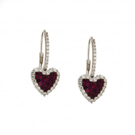 White gold 18k 750/1000 with white cubic zirconia and red stones hearts woman earrings