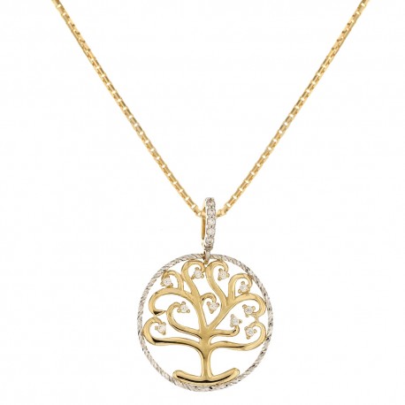 Yellow and white gold 18k 750/1000 tree of life pendant woman necklace