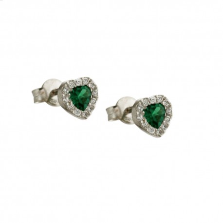 18K 750/1000 witgouden oorbellen met een hart van witte zirkonia's en groene stenen