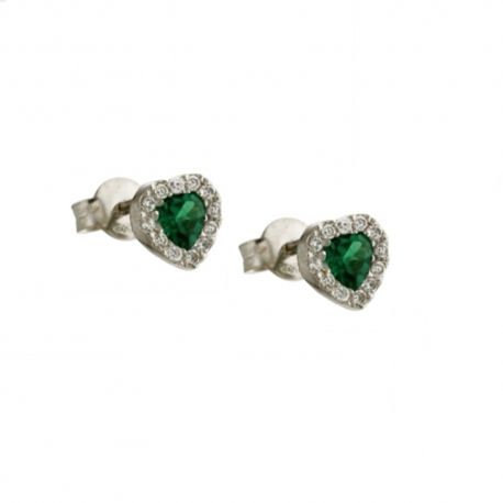 Pendientes de oro blanco de 18 Kt 750/1000 con corazón de circonitas blancas y piedras verdes
