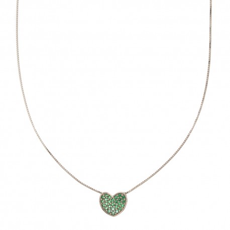 18Kt náhrdelník z bílého zlata 750/1000 s přívěskem srdce ze zelených kamenů pro ženy