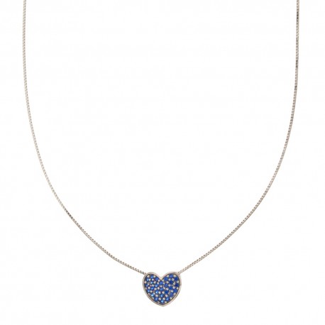 Colar feminino em ouro branco 18 Kt 750/1000 com pingente de coração e pedras azuis