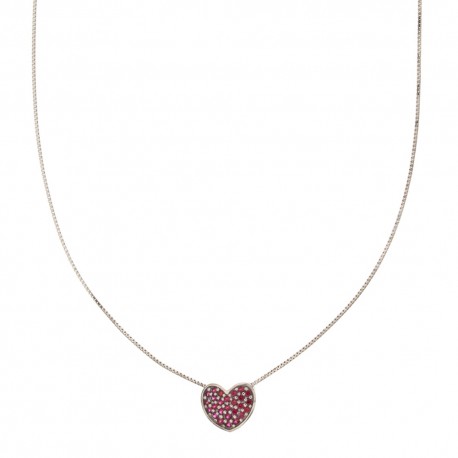 Collar de oro blanco de 18 Kt 750/1000 con colgante de corazón de piedras rojas para mujer