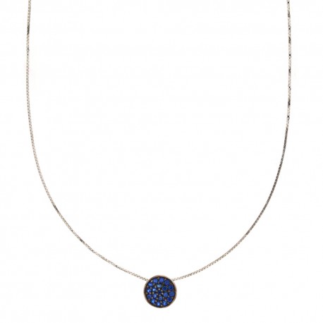 Collier en or blanc 18 Kt 750/1000 avec pendentif rond en pierre bleue pour femme