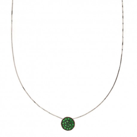Collar de oro blanco de 18 Kt 750/1000 con colgante redondo de piedra verde para mujer