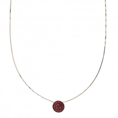Collana in oro bianco 18 Kt 750/1000 con pendente tondo di pietre rosse da donna