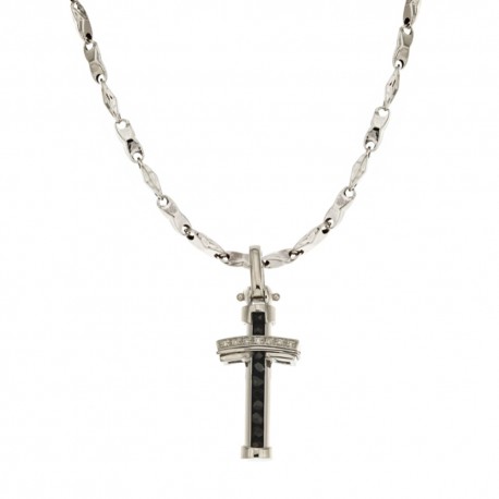 Collier en or blanc 18 Kt 750/1000 pendentif croix avec diamants et pierre onyx pour homme