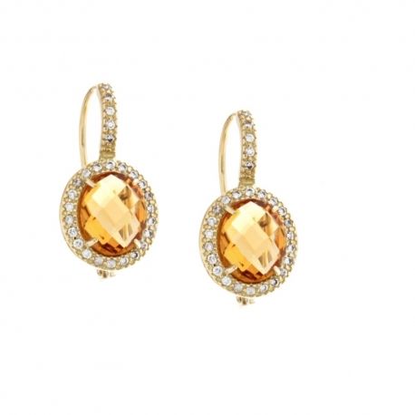 Boucles d'oreilles en or jaune 18 Kt 750/1000 avec pierre centrale ovale jaune et zircons blancs