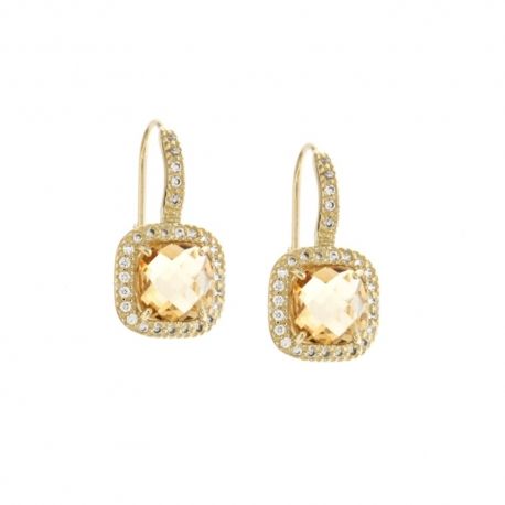 Boucles d'oreilles en or jaune 18 Kt 750/1000 avec pierre carrée centrale jaune et zircons blancs