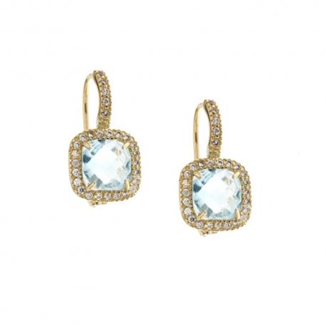 Brincos em ouro amarelo 18 Kt 750/1000 com pedra central azul e zircões brancos