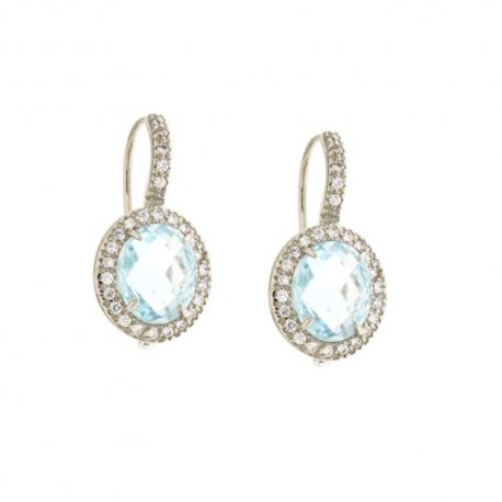 Boucles d'oreilles en or 18 Kt 750/1000 avec pierre bleue ovale centrale et zircons blancs