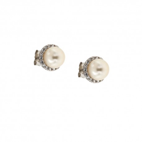 Boucles d'oreilles en or blanc 18 Kt 750/1000 avec perles et zircons pour femme