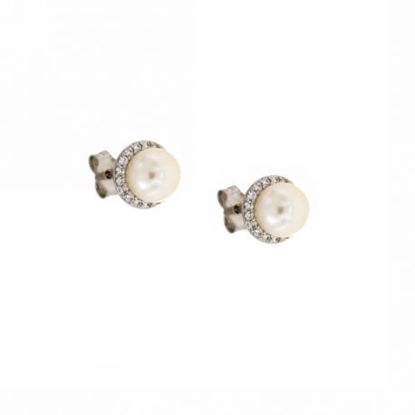 Boucles d'oreilles en or blanc 18 Kt 750/1000 avec perles et zircons pour femme