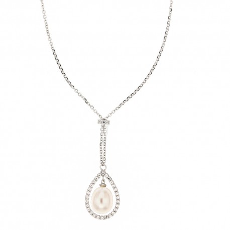 Collar de oro blanco de 18 Kt 750/1000 con circonitas y colgante de perlas para mujer