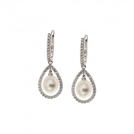 Boucles d'oreilles pendantes en or blanc 18 Kt 750/1000 avec perles et zircons pour femme
