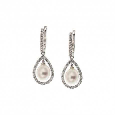 Pendientes colgantes de oro blanco de 18 Kt 750/1000 con perlas y circonitas para mujer