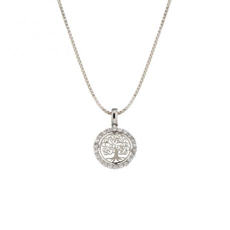 Colar em ouro branco 18 Kt 750/1000 com pendente árvore da vida e zircões brancos