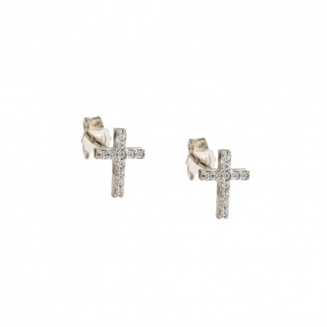 Orecchini in oro bianco 18 Kt 750/1000 a forma di croce con zirconi bianchi da bambina
