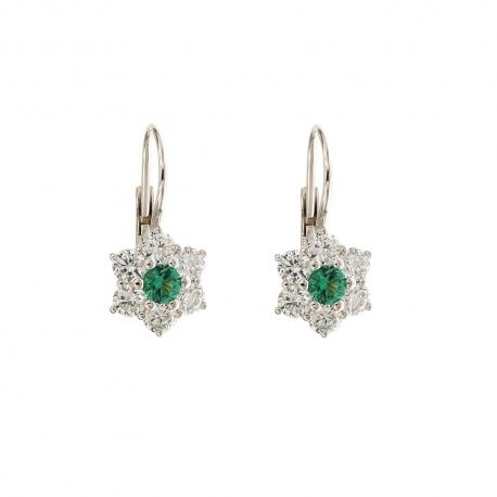 Pendientes largos en oro blanco de 18 Kt 750/1000 con piedra verde y circonitas blancas para mujer