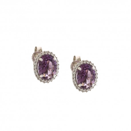 White gold 18k 750/1000 with white cubic zirconia and purple stone woman earrings