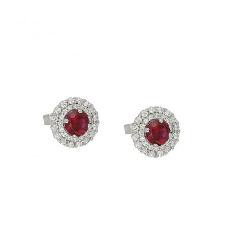 Boucles d'oreilles en or blanc 18 Kt 750/1000 avec zircons blancs et pierre rouge