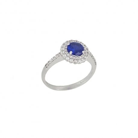 18 Kt 750/1000 witgouden ring met witte zirkonen en blauwe steen voor dames