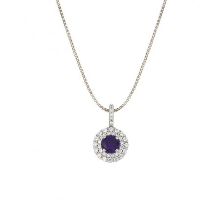 Collier en or blanc 18 Kt 750/1000 avec zircons blancs et pendentif pierre bleue pour femme