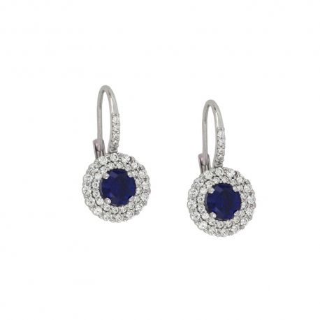 Boucles d'oreilles en or blanc 18 Kt 750/1000 avec zircons blancs et pierres bleues