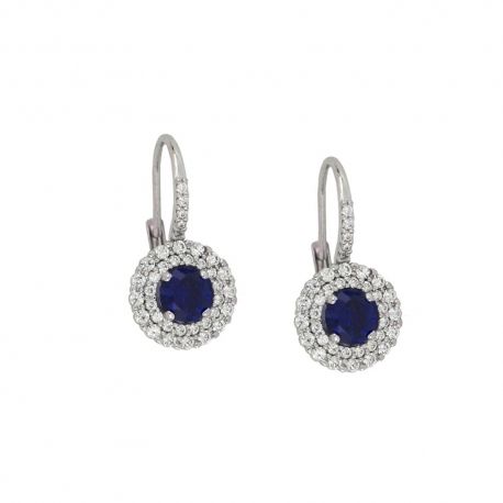 Oorbellen in 18 Kt 750/1000 witgoud met witte zirkonia's en blauwe stenen