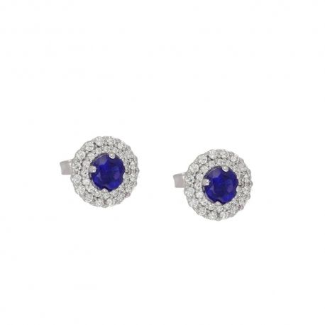 Boucles d'oreilles en or blanc 18 Kt 750/1000 avec zircons blancs et pierre bleue