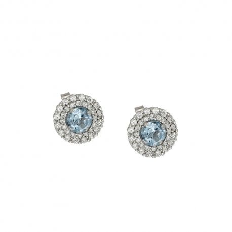 Boucles d'oreilles en or blanc 18 Kt 750/1000 avec zircons blancs et pierre bleue