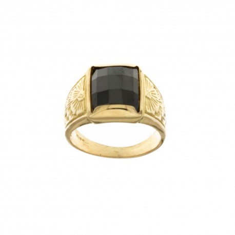 18Kt prsten ze žlutého zlata 750/1000 se čtvercovým černým kamenem a bočními ozdobami pro muže
