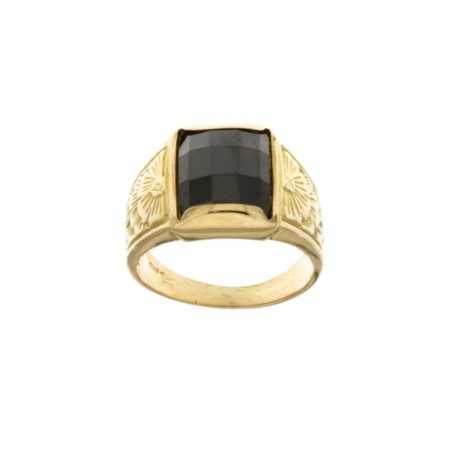 Męski pierścionek z żółtego złota 18-karatowego 750/1000 z kwadratowym czarnym kamieniem i bocznymi dekoracjami