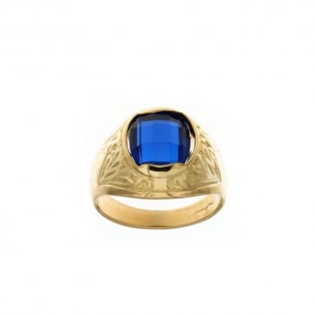 Anillo en oro amarillo de 18 Kt 750/1000 con piedra ovalada azul y adornos laterales para hombre