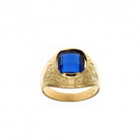 Inel din aur galben de 18 Kt 750/1000 cu piatra albastra ovala si decoratiuni laterale pentru barbati