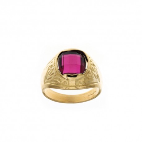 Yellow gold 18 Kt 750/1000 with oval red stone and decoration shiny man ring