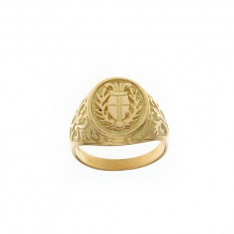 Anello in oro giallo 18 Kt 750/1000 forma ovale con stemma e decorazioni da uomo
