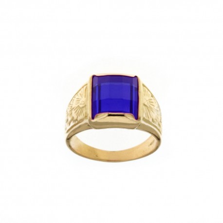 18K 750/1000 geelgouden ring met vierkante blauwe steen en zijversieringen voor heren