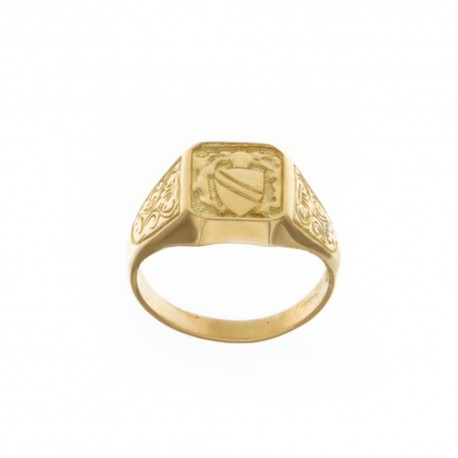 18 Kt 750/1000 geltono aukso kvadratinis modelio žiedas su herbu ir šoninėmis dekoracijomis vyrams