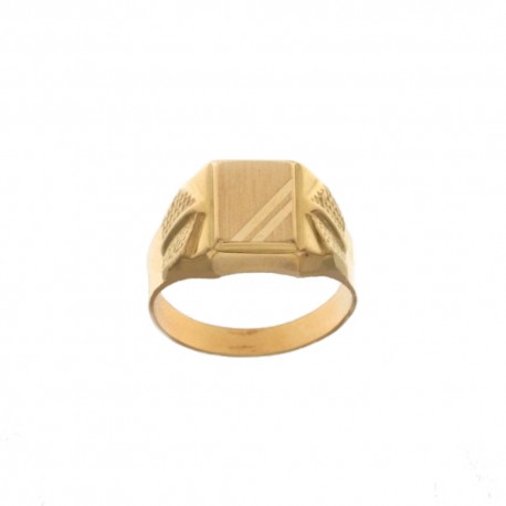 18 Kt 750/1000 geelgouden ring met versieringen op een gepolijste en satijnen rechthoekige basis voor heren