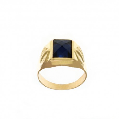 Yellow gold 18 Kt 750/1000 with square blue stone and decoration shiny man ring