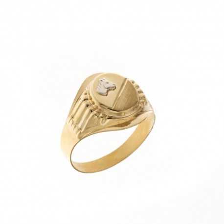 Мужское кольцо из желтого золота 18 карат 750/1000 пробы с головой лошади из полированного и сатинированного белого золота