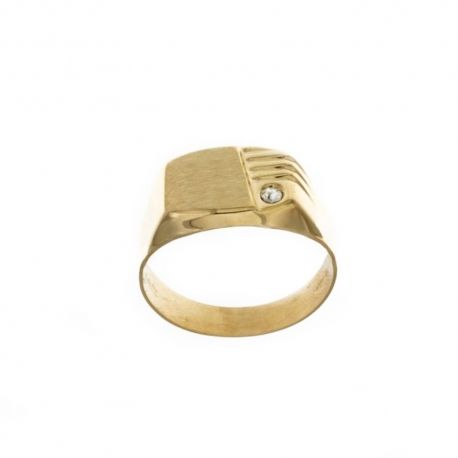 Anel em ouro amarelo 18 Kt 750/1000 com decorações em base retangular e zircão branco para homem