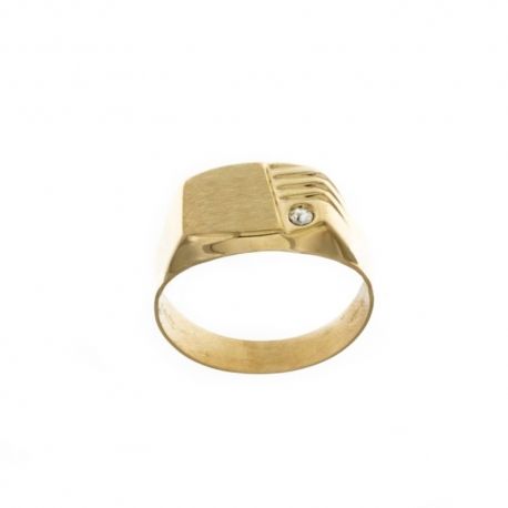 Anello in oro giallo 18 Kt 750/1000 con decorazioni su base rettangolare e zircone bianco da uomo